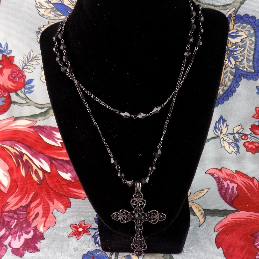 double chained black tone rhinestone cross